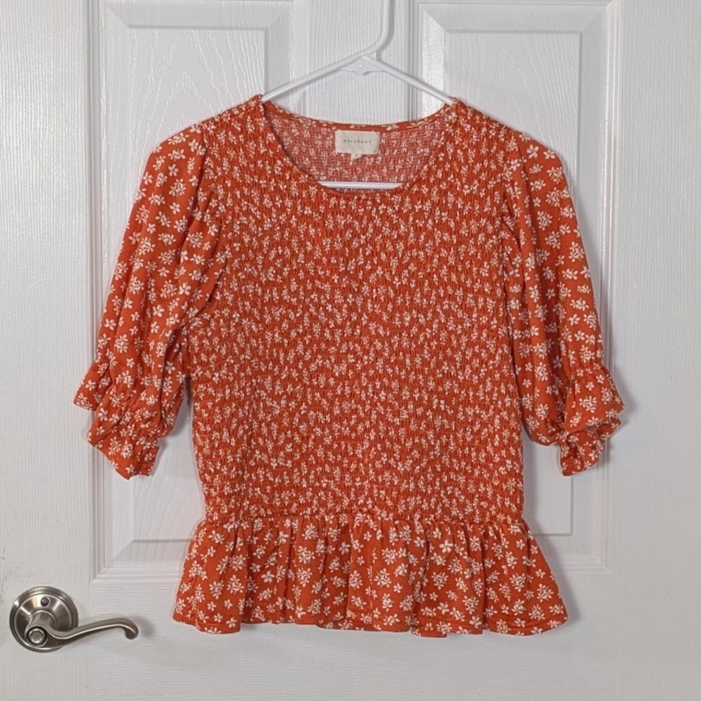 Melloday Smocked Peplum Top Floral Ruffle‎ Sleeve Blouse Burnt Orange S